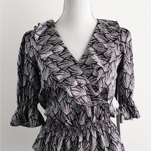 bishop + young Black and White Leaf Print Blouse